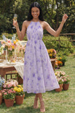 Halter Floral Maxi A Line Lilac Beach Wedding Guest Dress with Pleats