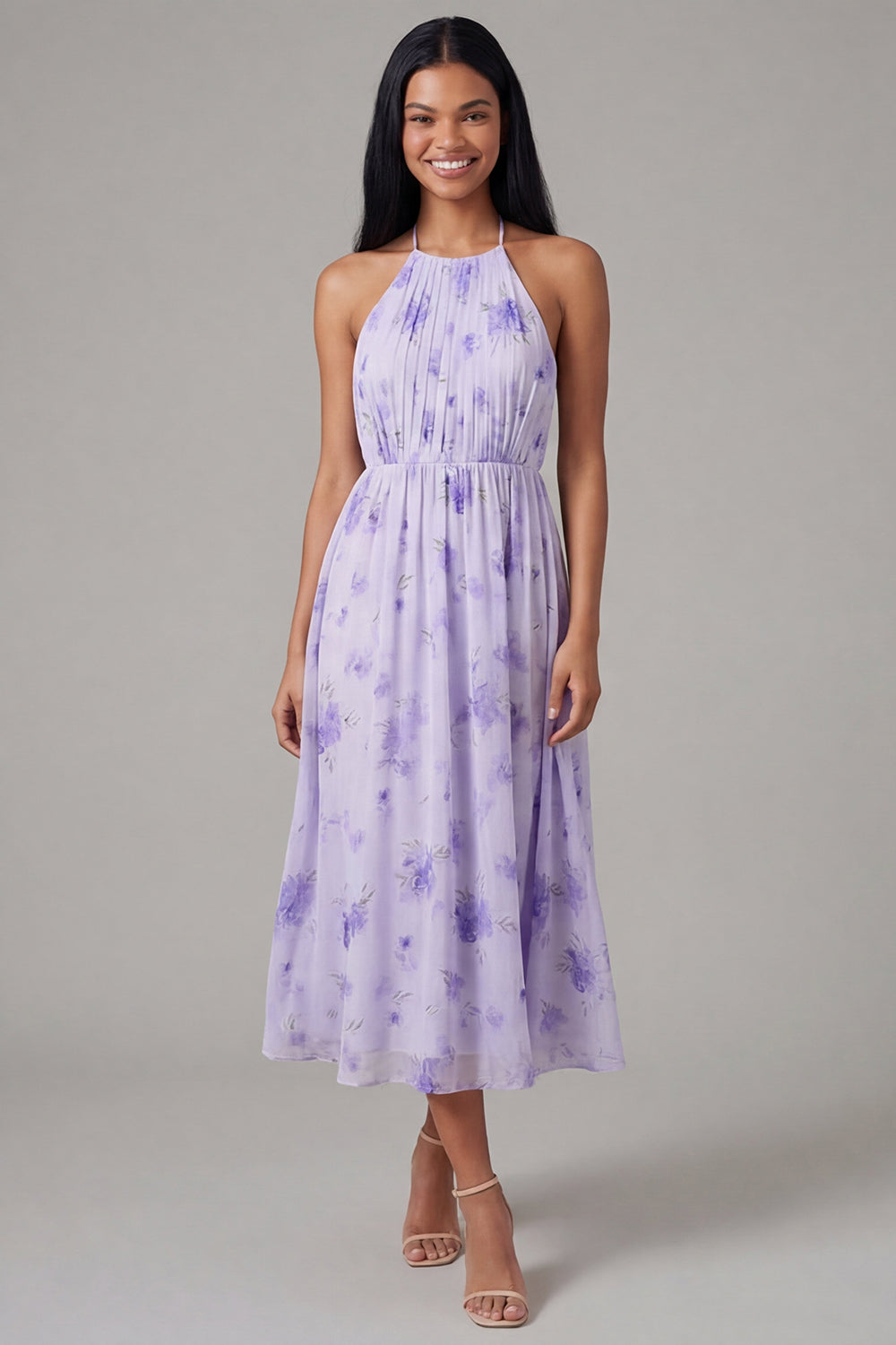 Halter Floral Maxi A Line Lilac Beach Wedding Guest Dress with Pleats