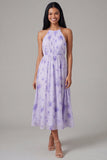 Halter Floral Maxi A Line Lilac Beach Wedding Guest Dress with Pleats
