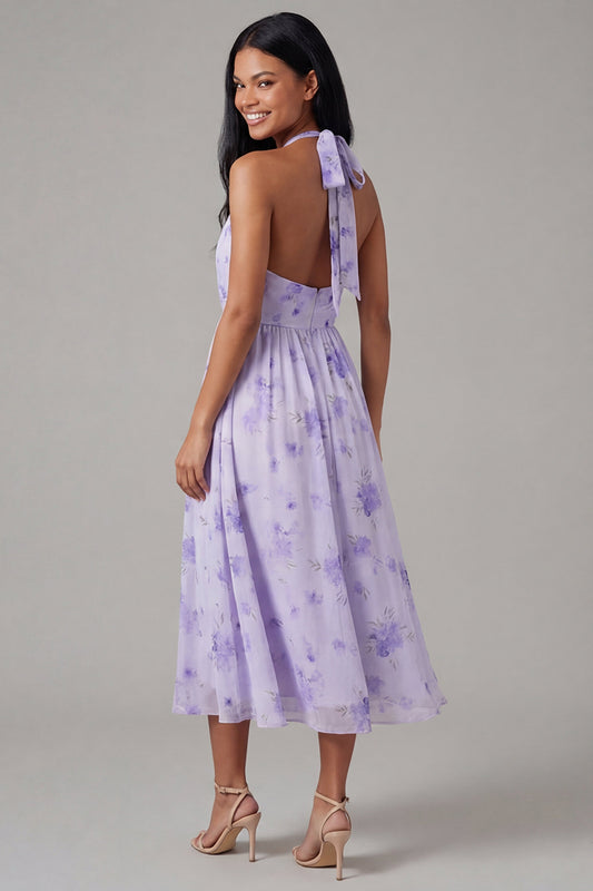 Halter Floral Maxi A Line Lilac Beach Wedding Guest Dress with Pleats