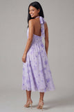 Halter Floral Maxi A Line Lilac Beach Wedding Guest Dress with Pleats