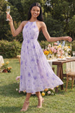 Halter Floral Maxi A Line Lilac Beach Wedding Guest Dress with Pleats