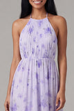 Halter Floral Maxi A Line Lilac Beach Wedding Guest Dress with Pleats