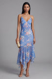 Spaghetti Straps Floral Asymmetrical A Line Blue Beach Wedding Guest Dress