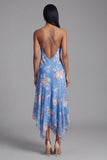 Spaghetti Straps Floral Asymmetrical A Line Blue Beach Wedding Guest Dress