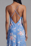 Spaghetti Straps Floral Asymmetrical A Line Blue Beach Wedding Guest Dress