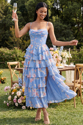 Corset Floral Maxi A Line Blue Beach Wedding Guest Dress with Ruffles