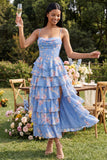 Corset Floral Maxi A Line Blue Beach Wedding Guest Dress with Ruffles