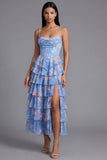 Corset Floral Maxi A Line Blue Beach Wedding Guest Dress with Ruffles