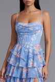 Corset Floral Maxi A Line Blue Beach Wedding Guest Dress with Ruffles