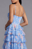 Corset Floral Maxi A Line Blue Beach Wedding Guest Dress with Ruffles
