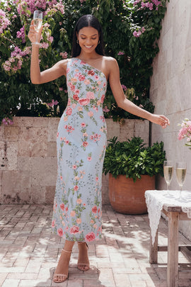 Floral Maxi Mermaid One Shoulder Blue Pink Flower Beach Wedding Guest Dress