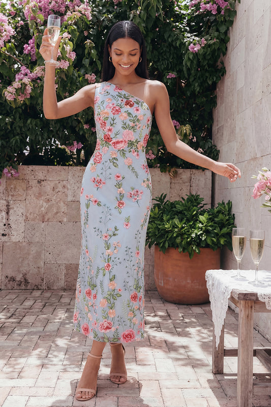 Floral Maxi Mermaid One Shoulder Blue Pink Flower Beach Wedding Guest Dress