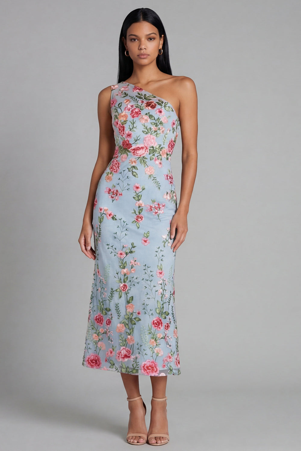 Floral Maxi Mermaid One Shoulder Blue Pink Flower Beach Wedding Guest Dress