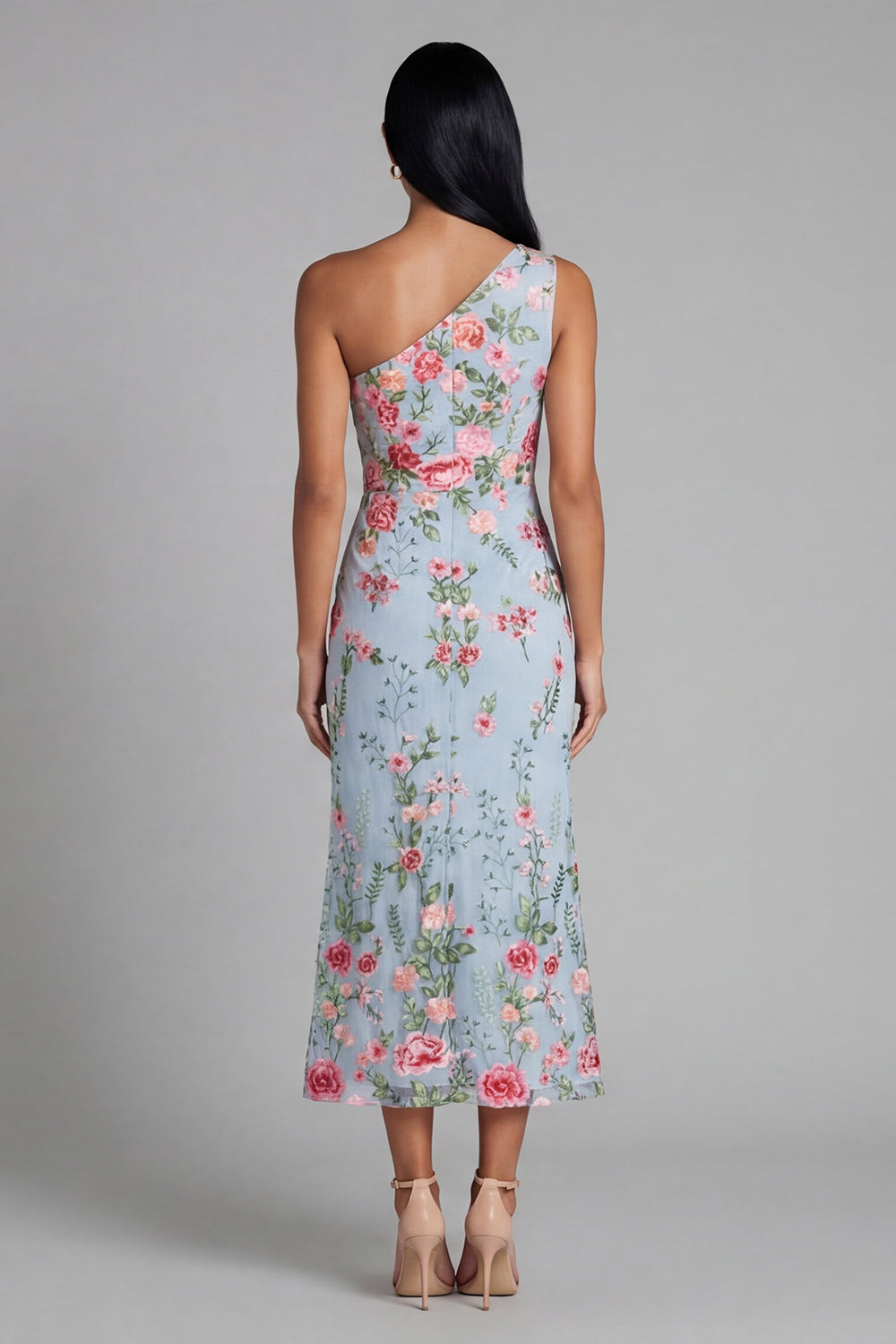 Floral Maxi Mermaid One Shoulder Blue Pink Flower Beach Wedding Guest Dress