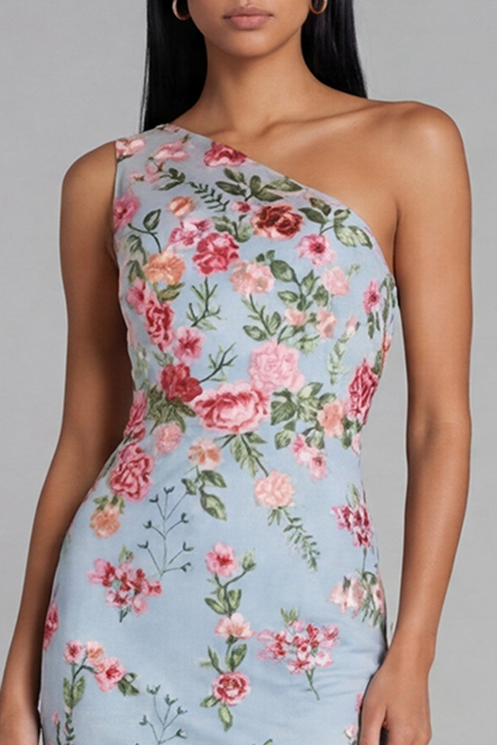 Floral Maxi Mermaid One Shoulder Blue Pink Flower Beach Wedding Guest Dress