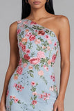Floral Maxi Mermaid One Shoulder Blue Pink Flower Beach Wedding Guest Dress