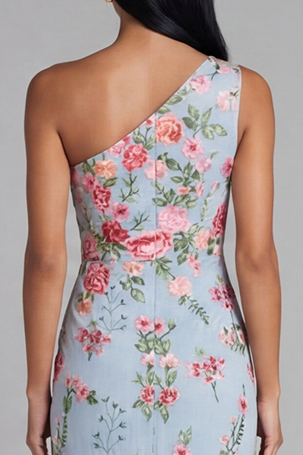 Floral Maxi Mermaid One Shoulder Blue Pink Flower Beach Wedding Guest Dress