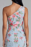 Floral Maxi Mermaid One Shoulder Blue Pink Flower Beach Wedding Guest Dress
