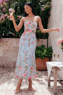 Strapless Maxi Floral Mermaid Blue Pink Flower Beach Wedding Guest Dress
