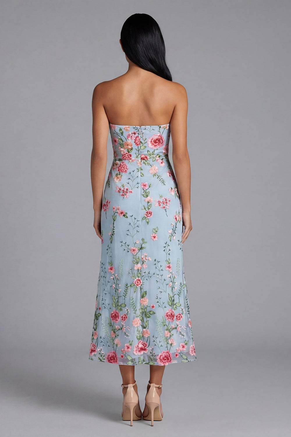 Strapless Maxi Floral Mermaid Blue Pink Flower Beach Wedding Guest Dress