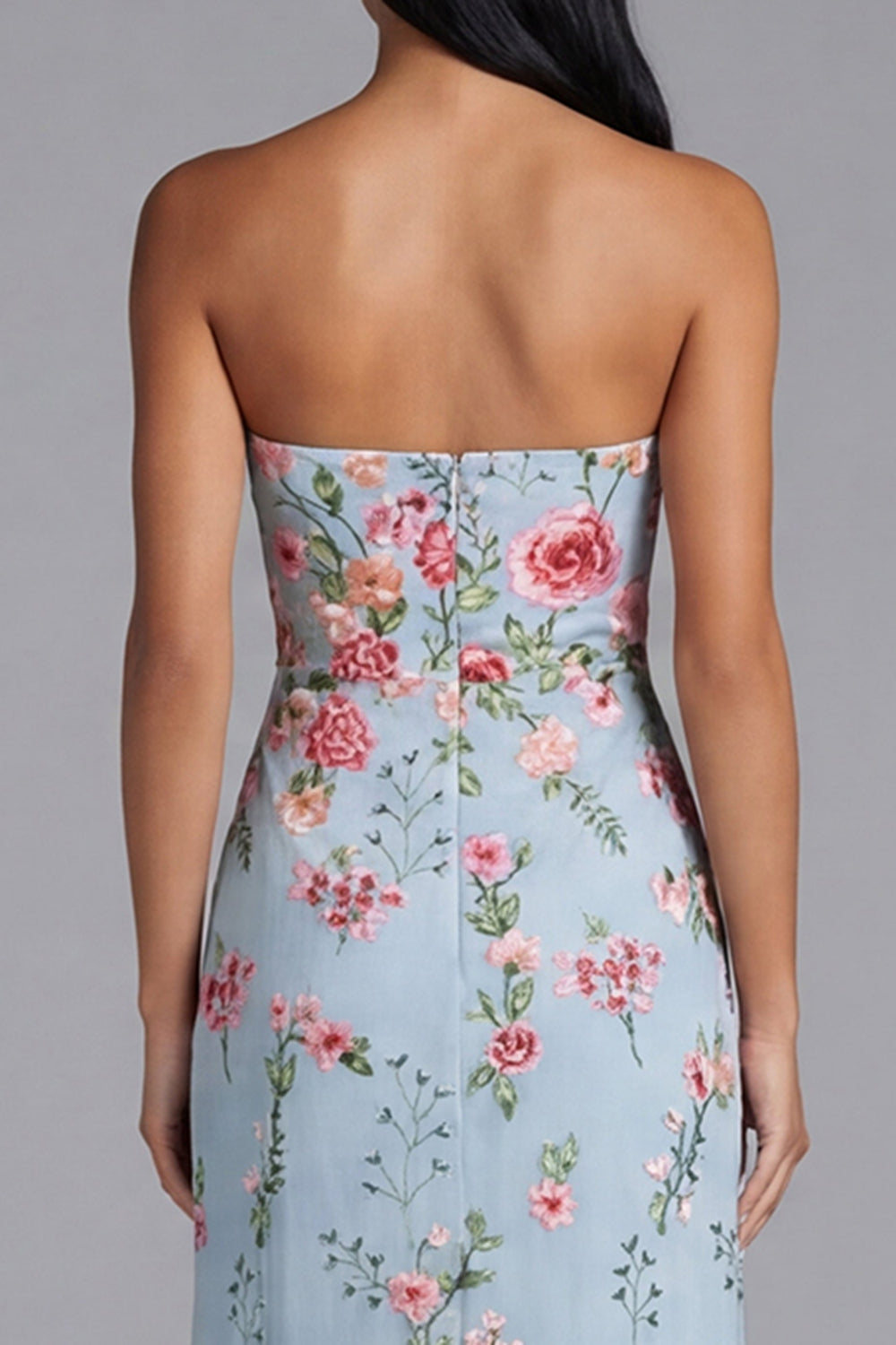 Strapless Maxi Floral Mermaid Blue Pink Flower Beach Wedding Guest Dress