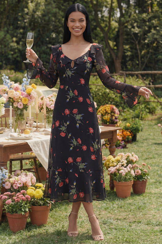 Black Floral Maxi A Line Keyhole Beach Wedding Guest Dress with Ruffles
