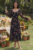 Black Floral Maxi A Line Keyhole Beach Wedding Guest Dress with Ruffles