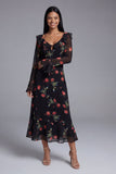 Black Floral Maxi A Line Keyhole Beach Wedding Guest Dress with Ruffles