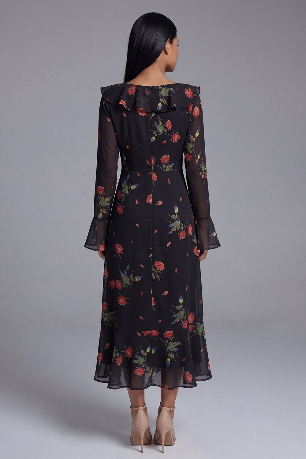 Black Floral Maxi A Line Keyhole Beach Wedding Guest Dress with Ruffles