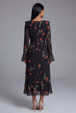Black Floral Maxi A Line Keyhole Beach Wedding Guest Dress with Ruffles