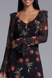 Black Floral Maxi A Line Keyhole Beach Wedding Guest Dress with Ruffles
