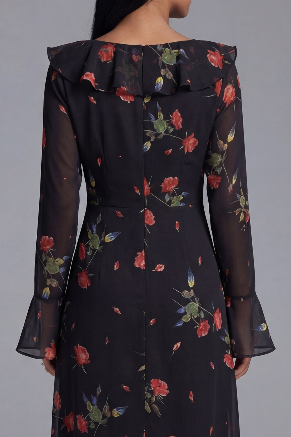 Black Floral Maxi A Line Keyhole Beach Wedding Guest Dress with Ruffles