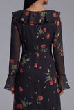 Black Floral Maxi A Line Keyhole Beach Wedding Guest Dress with Ruffles