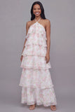 Floral Maxi White Pink Flower A Line Beach Wedding Guest Dress with Ruffles