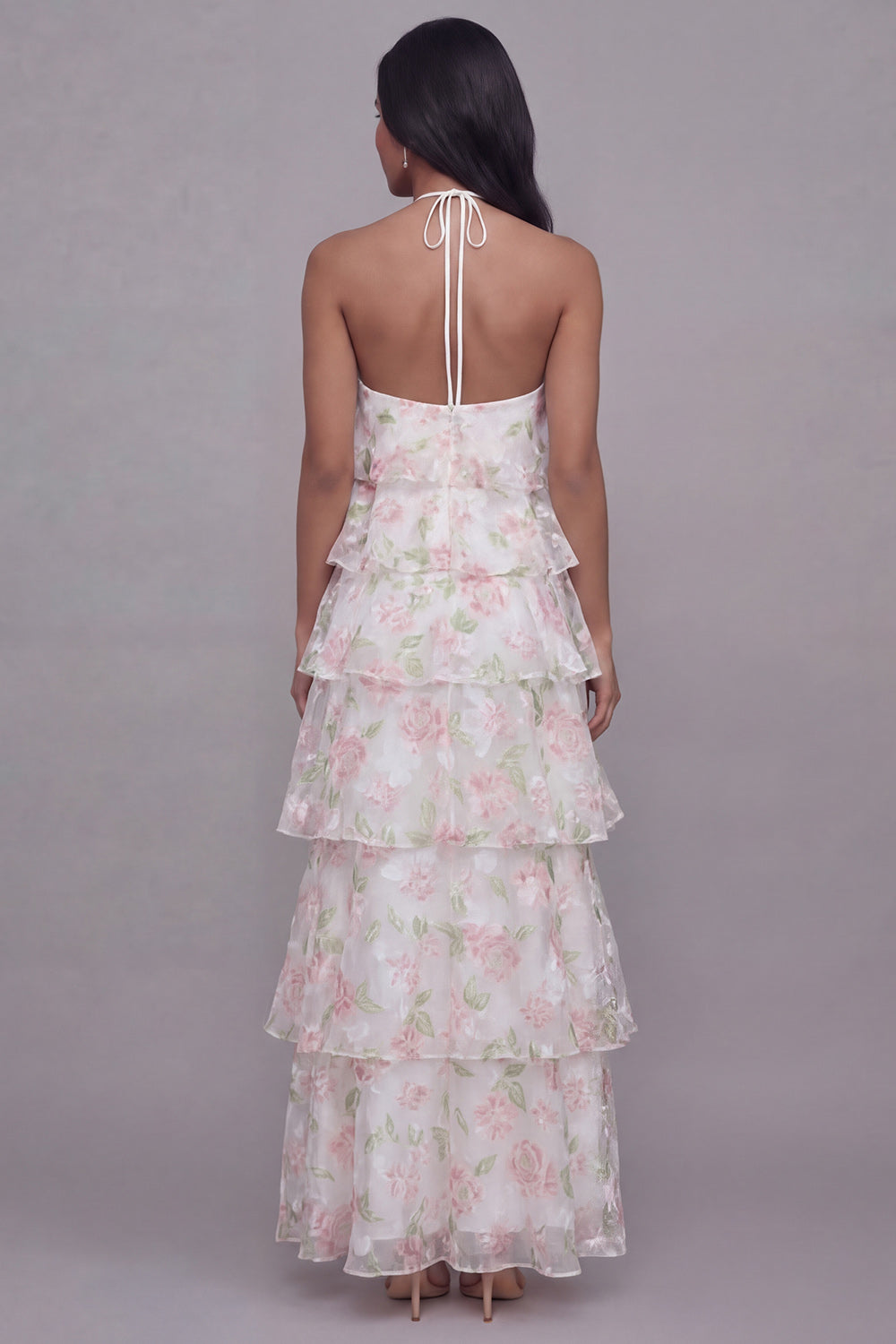 Floral Maxi White Pink Flower A Line Beach Wedding Guest Dress with Ruffles