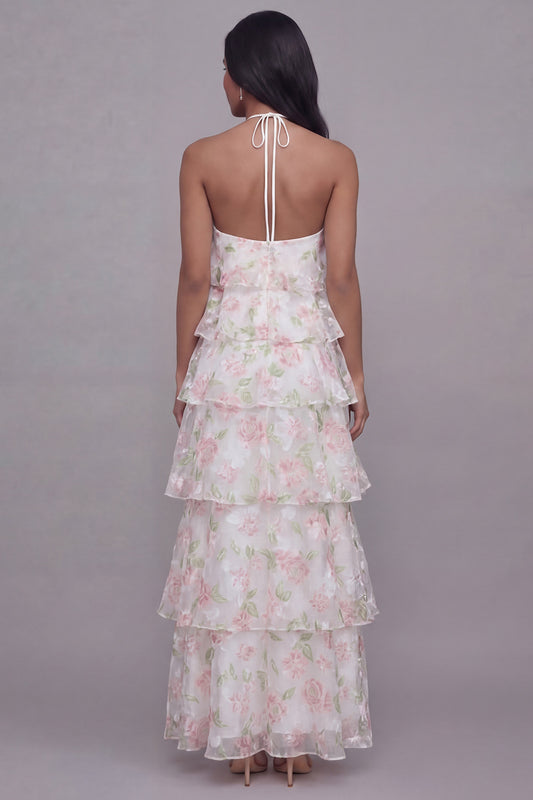 Floral Maxi White Pink Flower A Line Beach Wedding Guest Dress with Ruffles