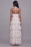 Floral Maxi White Pink Flower A Line Beach Wedding Guest Dress with Ruffles