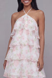 Floral Maxi White Pink Flower A Line Beach Wedding Guest Dress with Ruffles