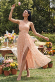 Light Orange Floral Maxi Ruched A Line Beach Wedding Guest Dress with Slit