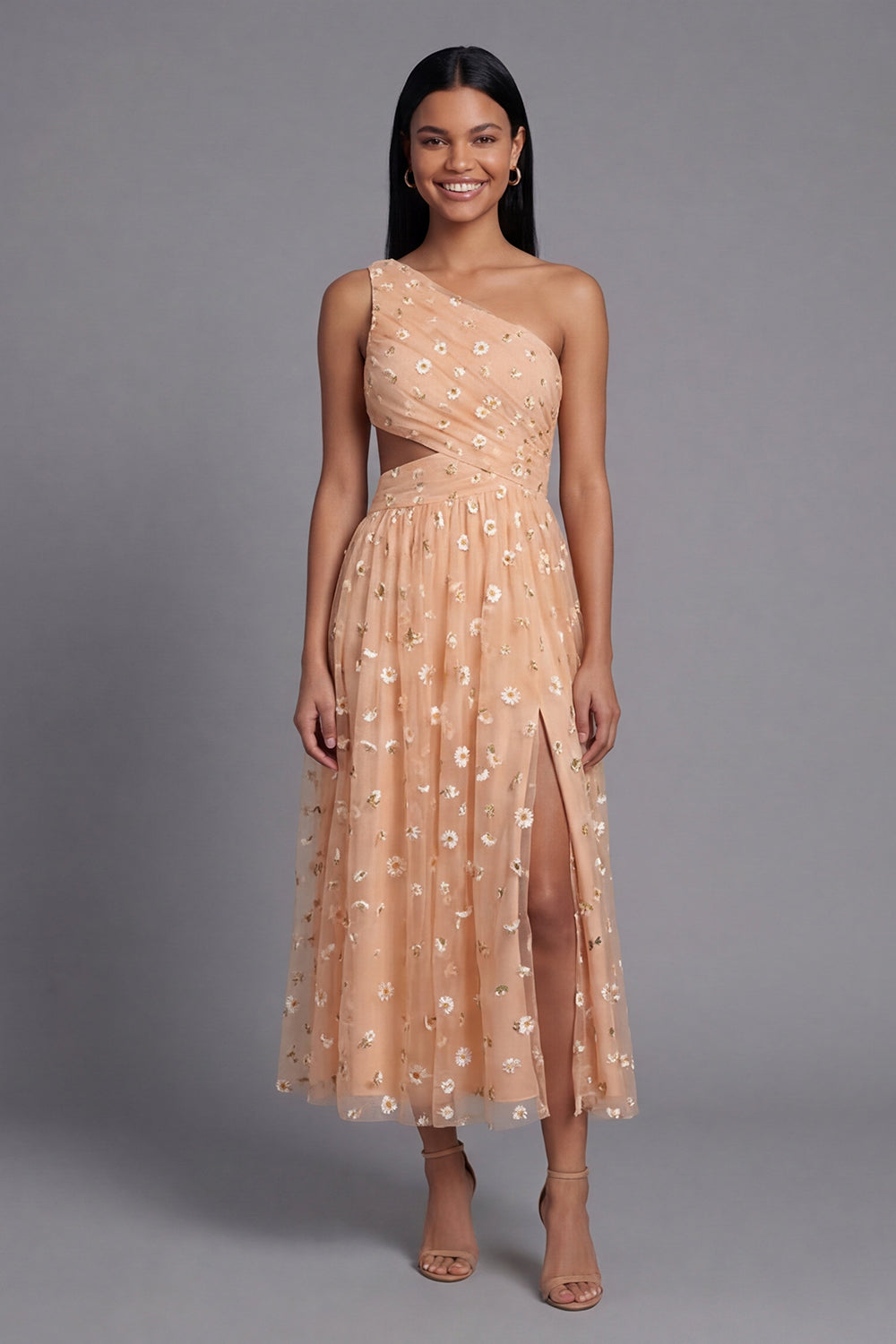 Light Orange Floral Maxi Ruched A Line Beach Wedding Guest Dress with Slit