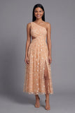Light Orange Floral Maxi Ruched A Line Beach Wedding Guest Dress with Slit