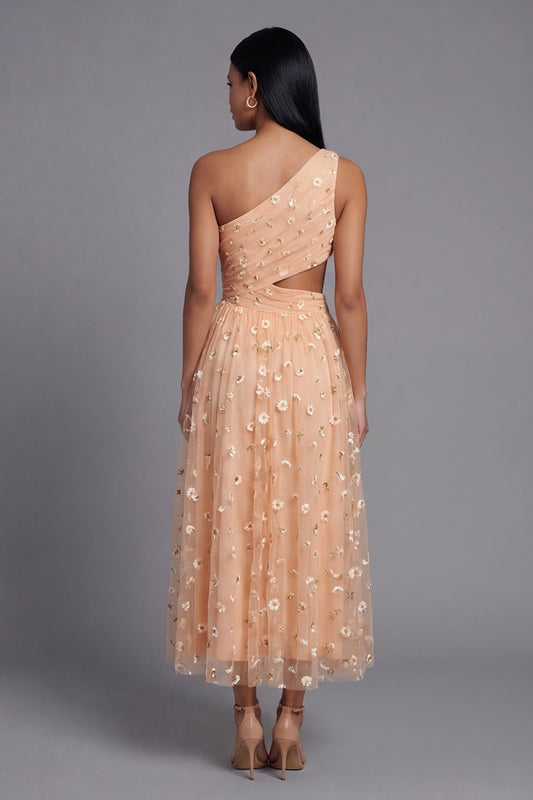 Light Orange Floral Maxi Ruched A Line Beach Wedding Guest Dress with Slit
