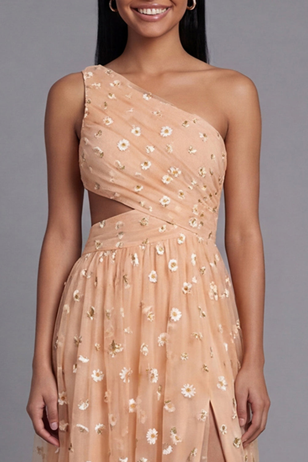 Light Orange Floral Maxi Ruched A Line Beach Wedding Guest Dress with Slit