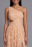Light Orange Floral Maxi Ruched A Line Beach Wedding Guest Dress with Slit