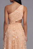 Light Orange Floral Maxi Ruched A Line Beach Wedding Guest Dress with Slit
