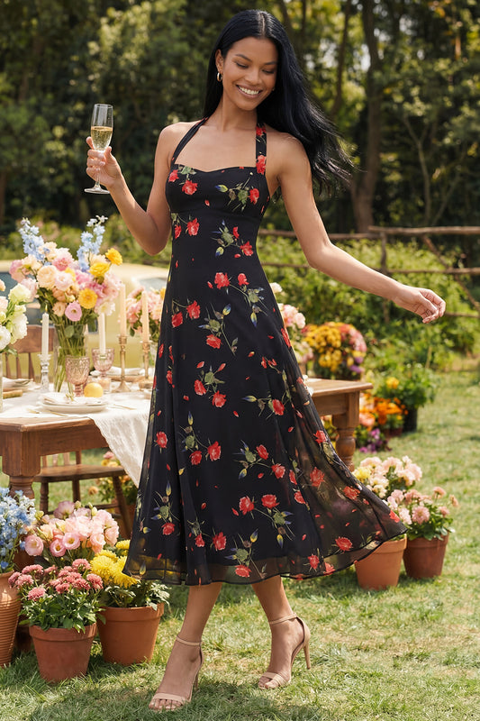 Black Halter Floral Maxi A Line Beach Wedding Guest Dress
