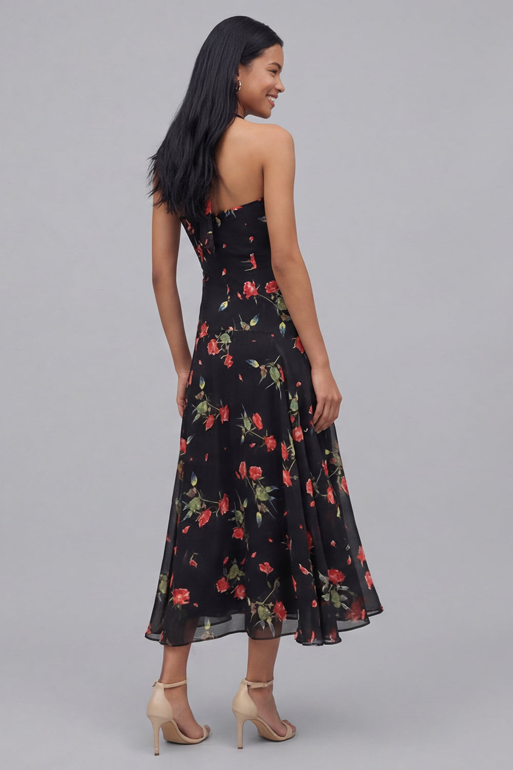 Black Halter Floral Maxi A Line Beach Wedding Guest Dress
