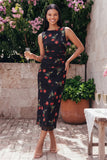 Black Round Neck Floral Maxi Sheath Ruched Beach Wedding Guest Dress