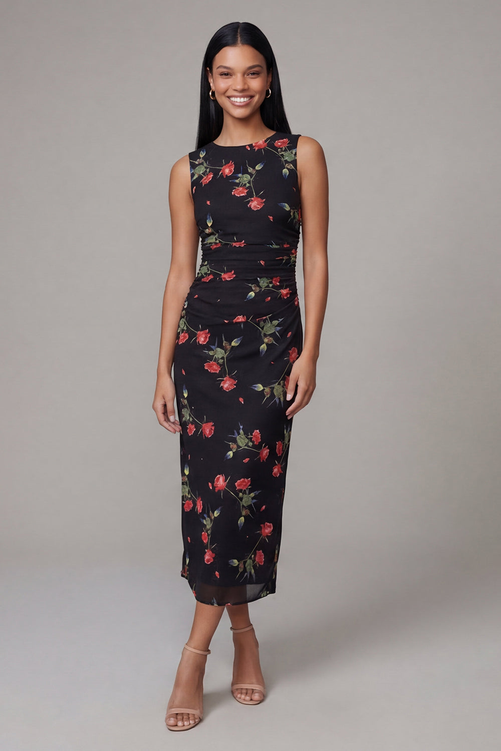 Black Round Neck Floral Maxi Sheath Ruched Beach Wedding Guest Dress